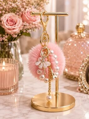 Pink Faux Fur Pom Pom Keychain with Ballerina and Eiffel Charm